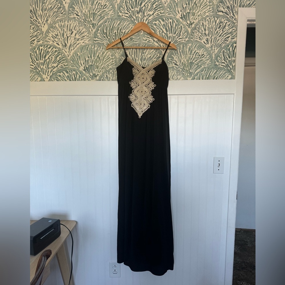 Lilly Pulitzer Kelsea 100% Silk Maxi Dress Onyx Black Gold Embroidery Size 0